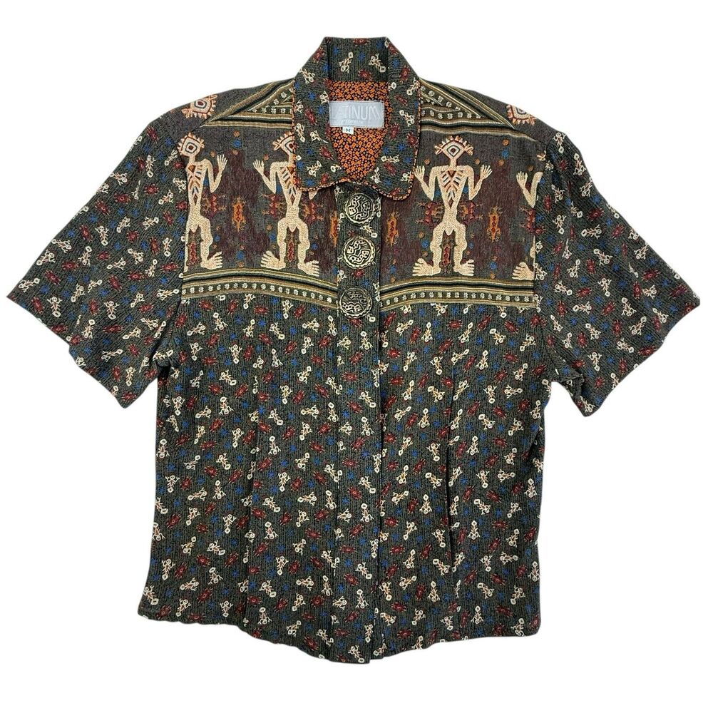 Dorothy Schoelen Platinum Top Blouse Women Medium Egypian Aztec Short Sleeve